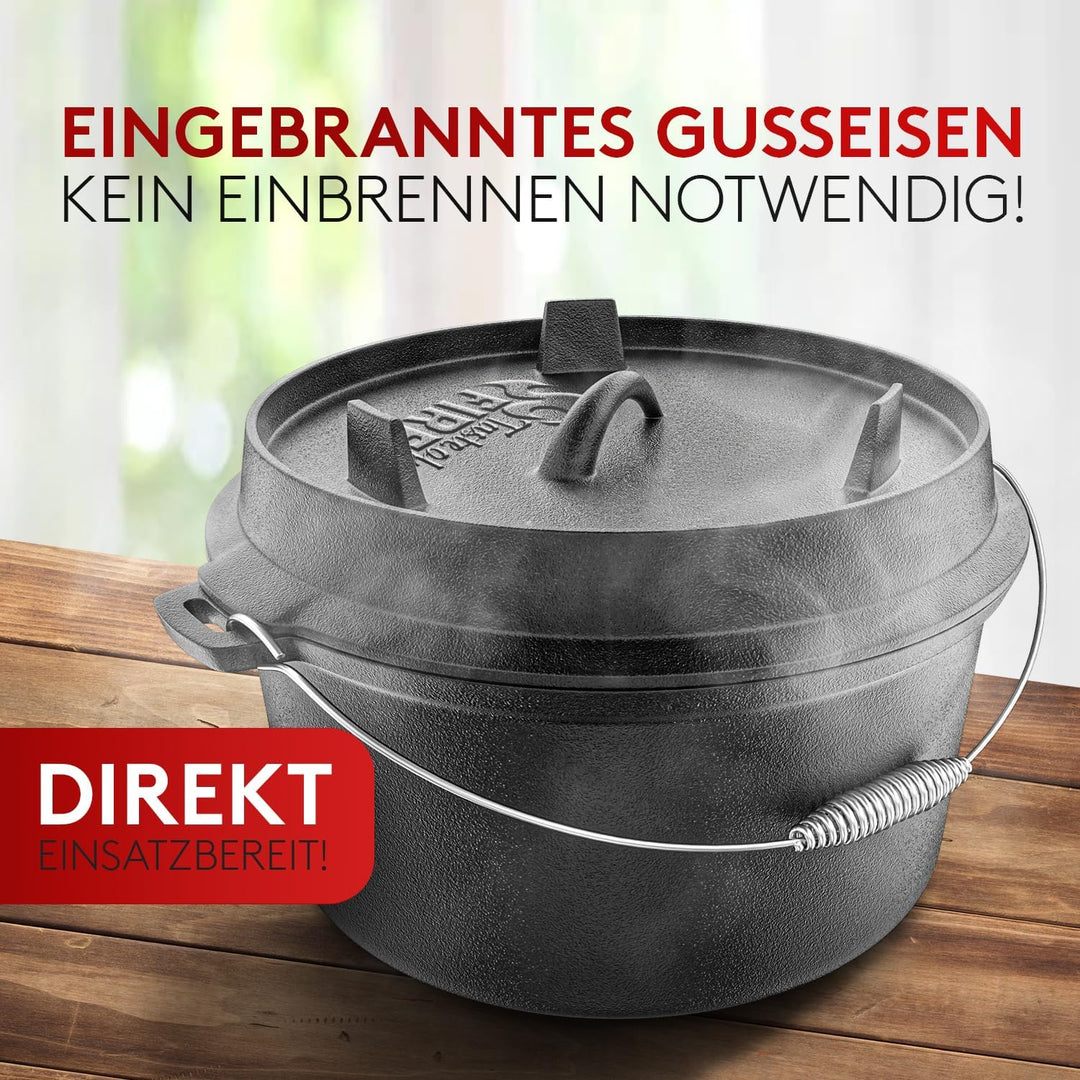BBQ Dutch Oven [Das Original] - Dutch Oven Set 7 Liter – Eingebrannter Feuertopf aus Gusseisen Decke
