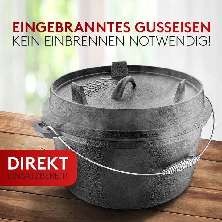 BBQ Dutch Oven [Das Original] - Dutch Oven Set 7 Liter – Eingebrannter Feuertopf aus Gusseisen Decke