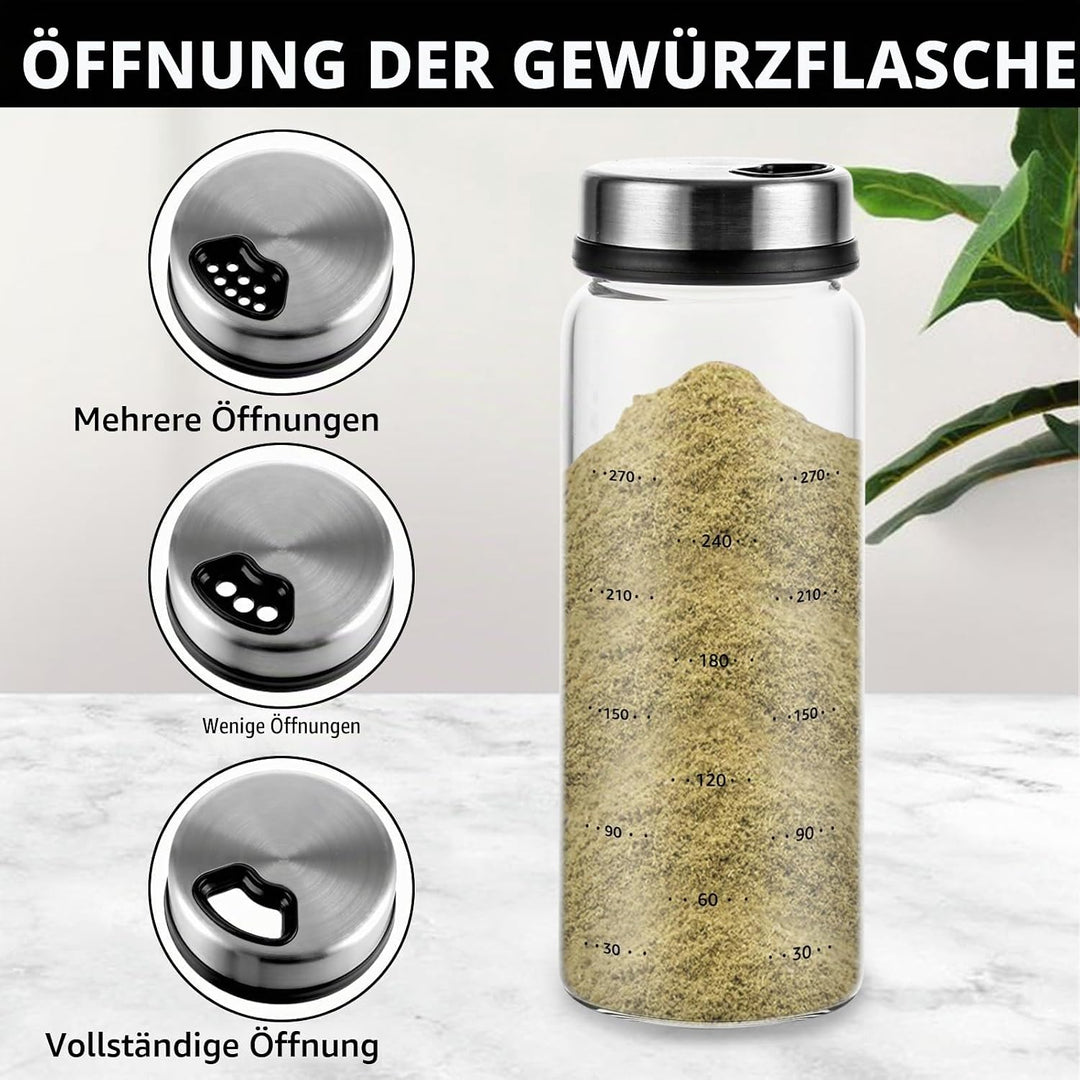 3 Stück Gewürzgläser mit Drehdeckel 300ml Gewürzdosen Glas, 16.5x6 cm Luftdicht Gewürzstreuer mit 4