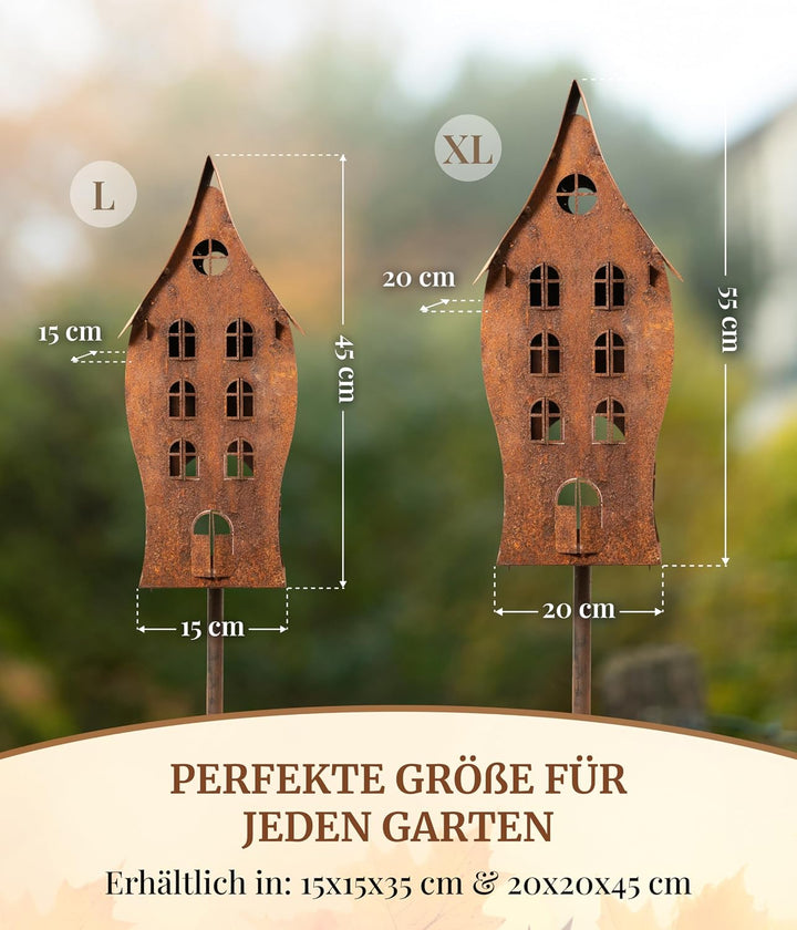 Hexenhaus mit 3 Etagen auf Stab (15x15x45cm) – wetterfest – Vogelhaus aus Metall im Rostdesign – mit