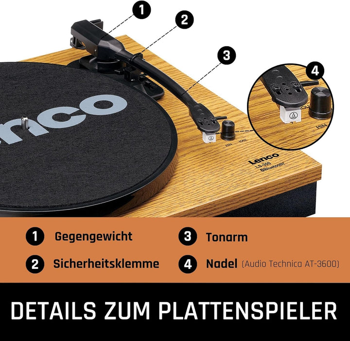 Lenco LS-300 - Hi-Fi Plattenspieler mit Bluetooth - Mit externen Lautsprechern 2 x 10 W RMS - Riemen