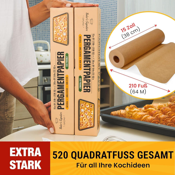 Ungewachstes Backpapier zum Backen - 2er Pack 38 cm x 64 m Backpapierrolle mit Schneidemesser, Antih