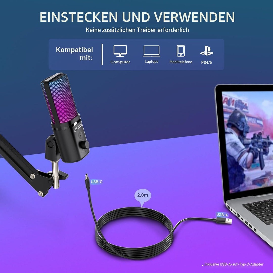 FDUCE M160 USB Gaming Mikrofon Set für PC,RGB Kondensator Podcasting Mikrofon mit Monitor Buchse,sch