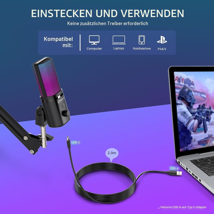 FDUCE M160 USB Gaming Mikrofon Set für PC,RGB Kondensator Podcasting Mikrofon mit Monitor Buchse,sch