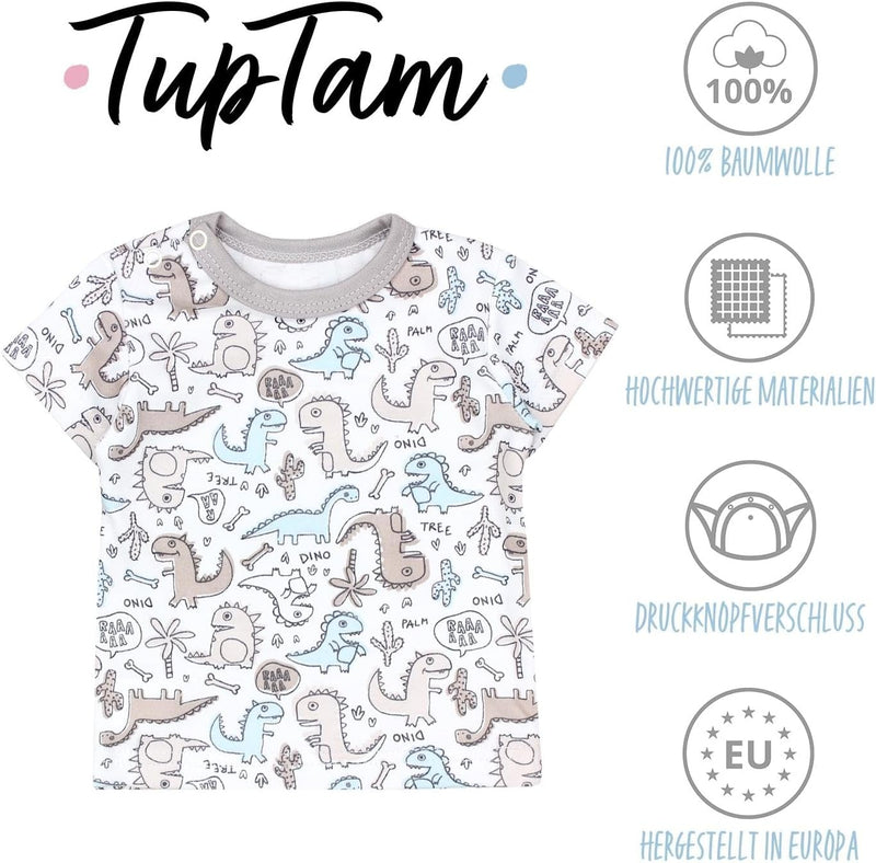 TupTam Baby Jungen Kurzarm T-Shirt mit Aufdruck Unifarben Sterne Streifen 5er Set 56 Dino Bären Stre