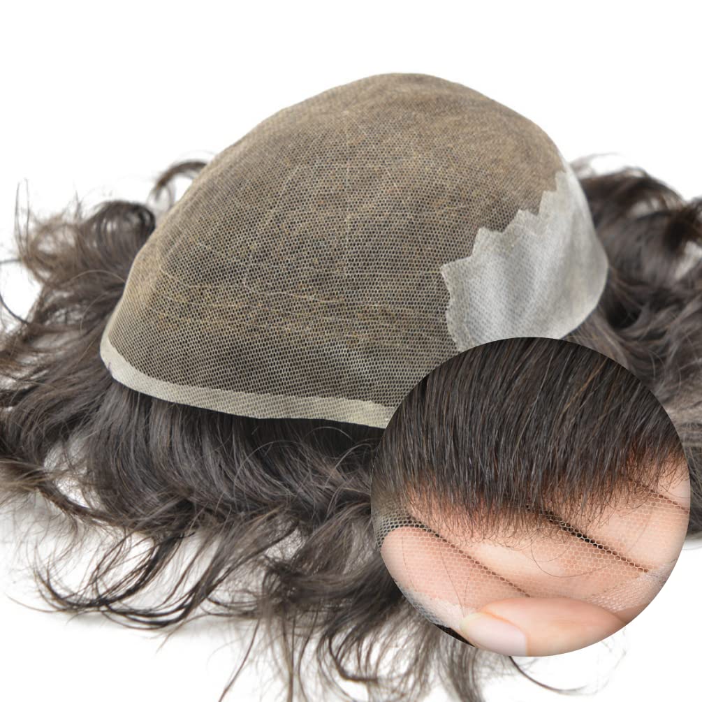 Hairnotion Echthaar französische Spitze Haut Basisgrösse 8 “X 10” Toupet für Männer Schwarz 1b # Per