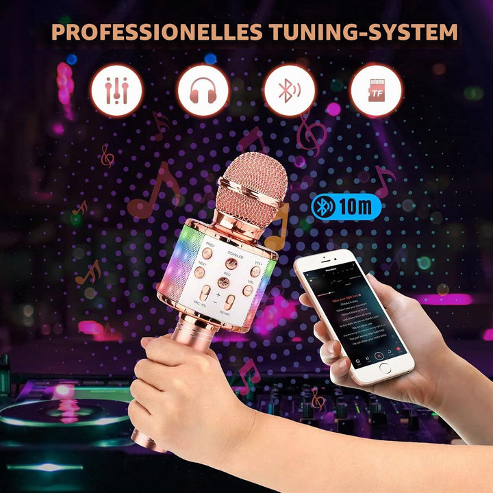 ShinePick Mikrofon Kinder Bluetooth, 4-in-1 Drahtloses Karaoke Mikrofon, Tragbare LED Microphone Spi