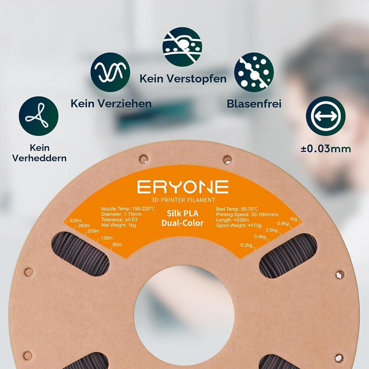 ERYONE Silk Dual Color Filament PLA 3D Printer 1.75mm, -0.03mm, Coextrusion Filament PLA Shiny Filam