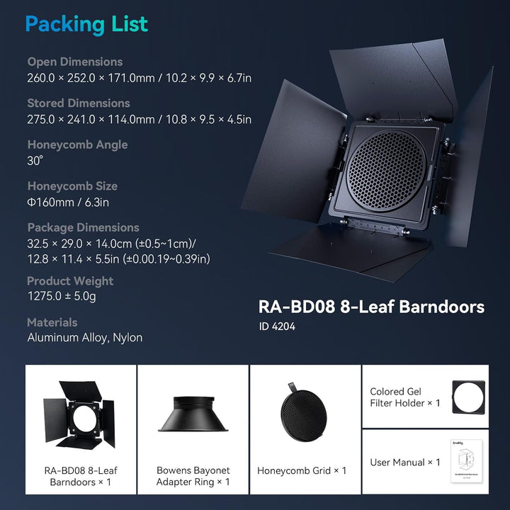 SMALLRIG 8-Leaf Lighting Barn Doors mit Bowens Mount, dämpfendem Wellendesign, Farbgel-Clip und Wabe