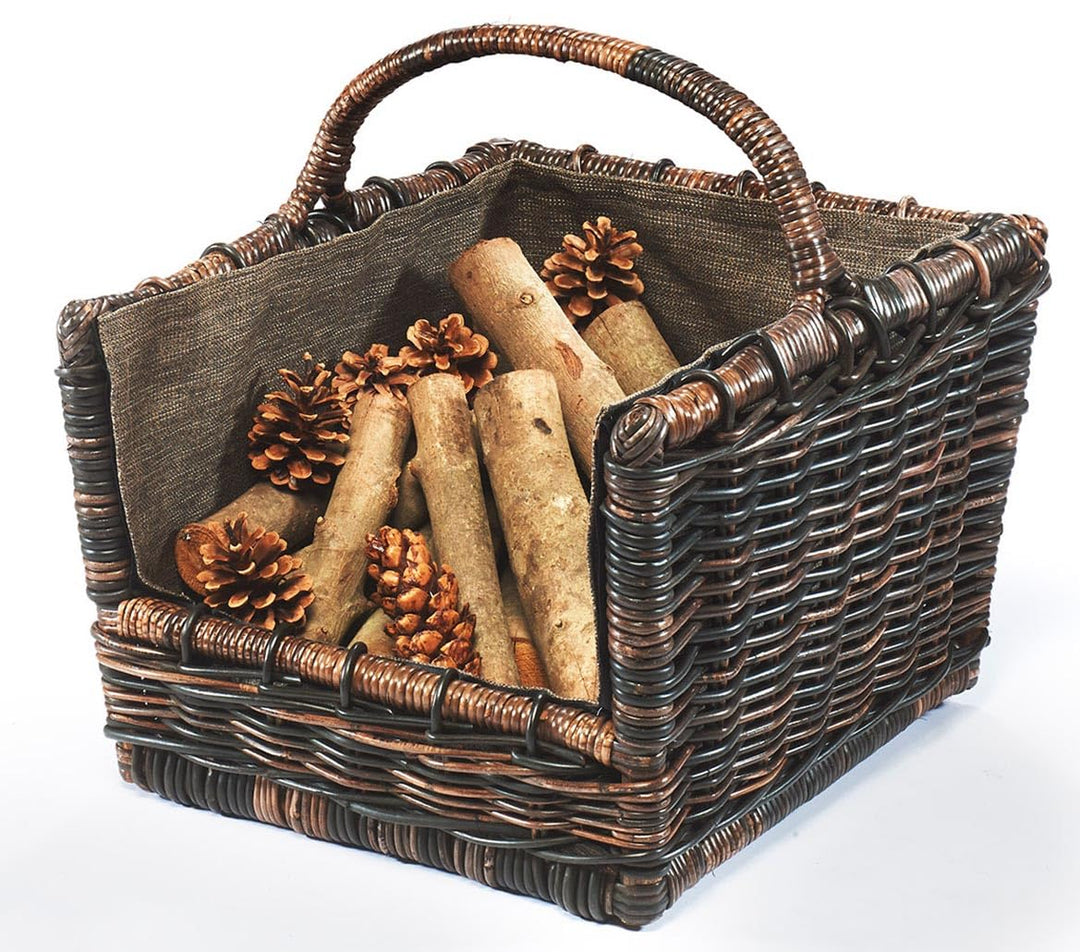 Kobolo Kaminholzkorb Holztrage Holzkorb für Kaminholz -Rattan- mit abnehmbaren dunklem Stoff 50x46x3