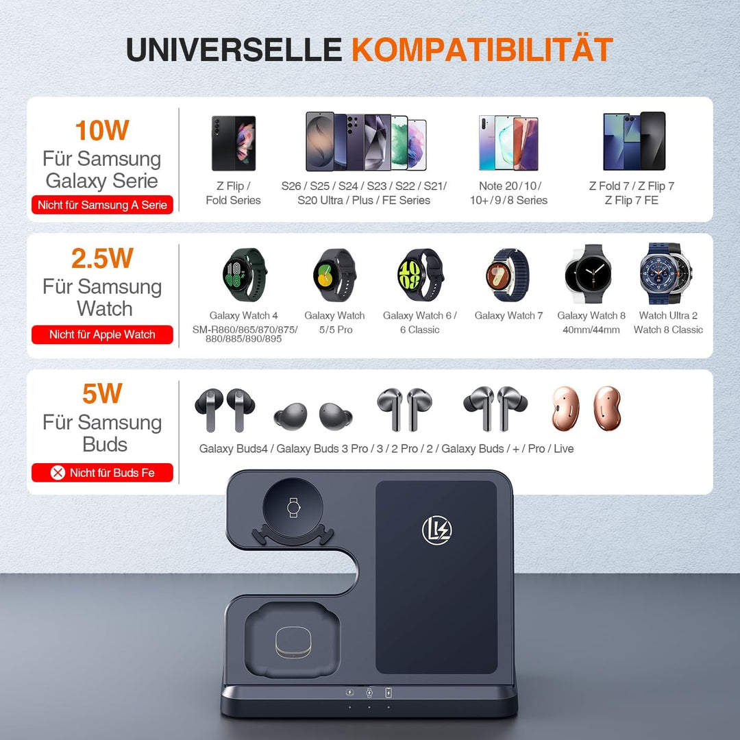 LK Induktive Ladestation für Samsung 3 in 1 Ladestation Kompatibel für Galaxy Watch 8/7/6/5/5 Pro/4