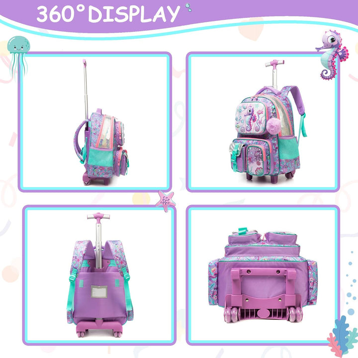 HTgroce Schulranzen Trolley Mädchen Meerjungfrau Rolling Backpack for Girls Einhorn Rucksack Mit Rol
