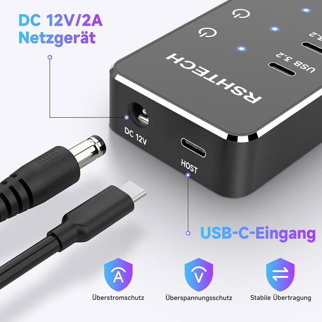 RSHTECH 10 Port USB C Hub mit Netzteil - Mit 3 USB 3.2 (2 Type C und 1 Type A) und 7 USB 3.0(4 Type-