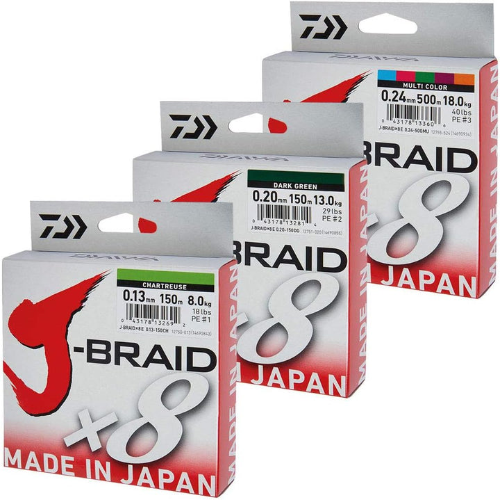 Daiwa J-Braid 8 Braid 300m Multicolor - geflochtene Angelschnur Dm: 0,18mm, Dm: 0,18mm