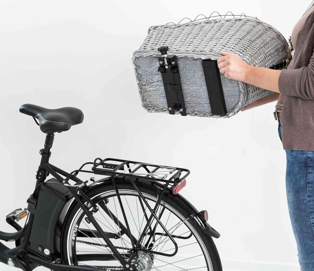 Fahrradkorb m. Gitter f. Gepäckträger, Weide/Metall, 35 × 49 × 55 cm, grau, grau