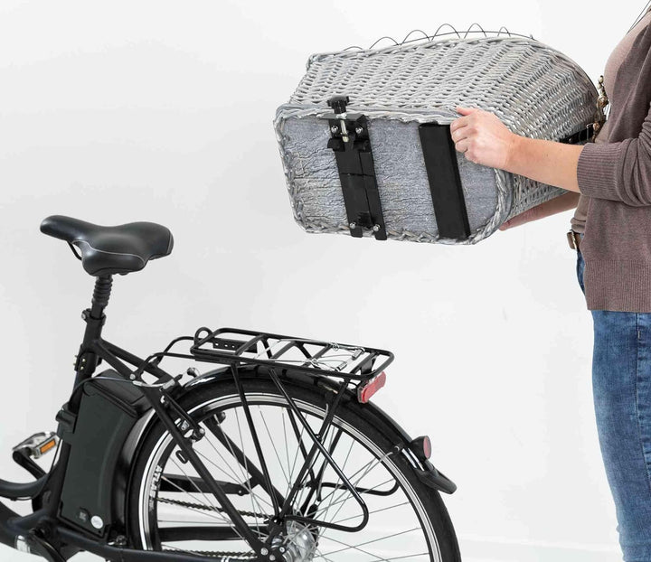 Fahrradkorb m. Gitter f. Gepäckträger, Weide/Metall, 35 × 49 × 55 cm, grau, grau