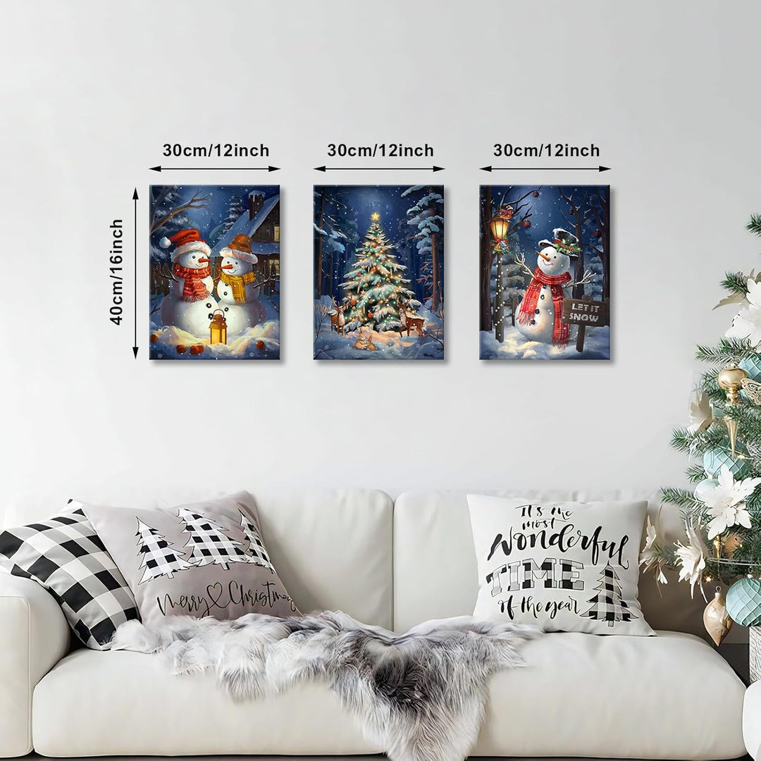3Pcs Leinwandbilder Bilder mit Rahmen Blau Weihnachten Schnee Schauplatz bild auf leinwand Schneeman