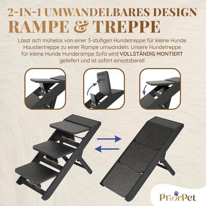 Hundetreppe für Bett & Sofa 2-in-1 Rampe - höhenverstellbare Hunderampe für Couch 18-50 cm - leicht