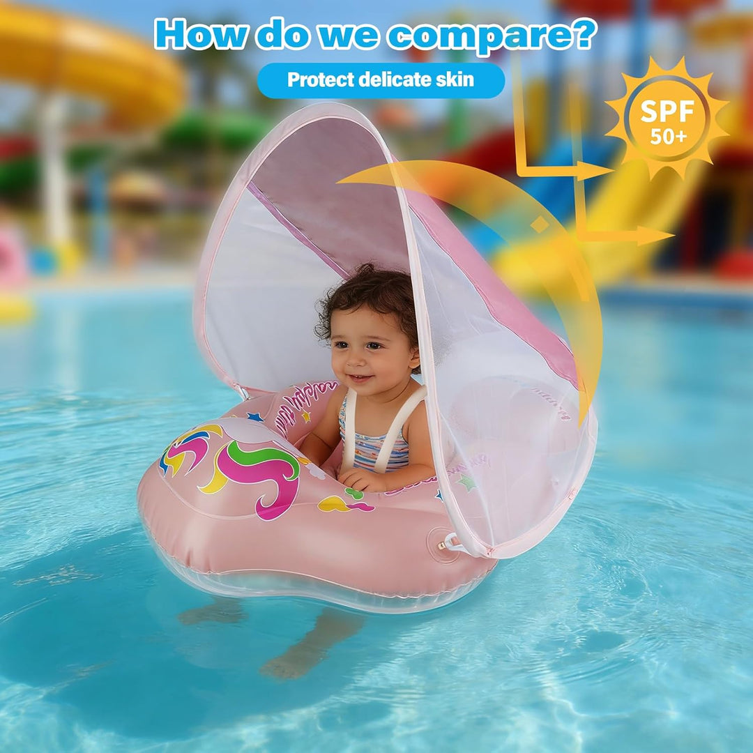 Baby Schwimmring mit Sonnendach Entfernbar, Schwimmring Baby mit Verstellbarer Sicherheitssitz, Kipp