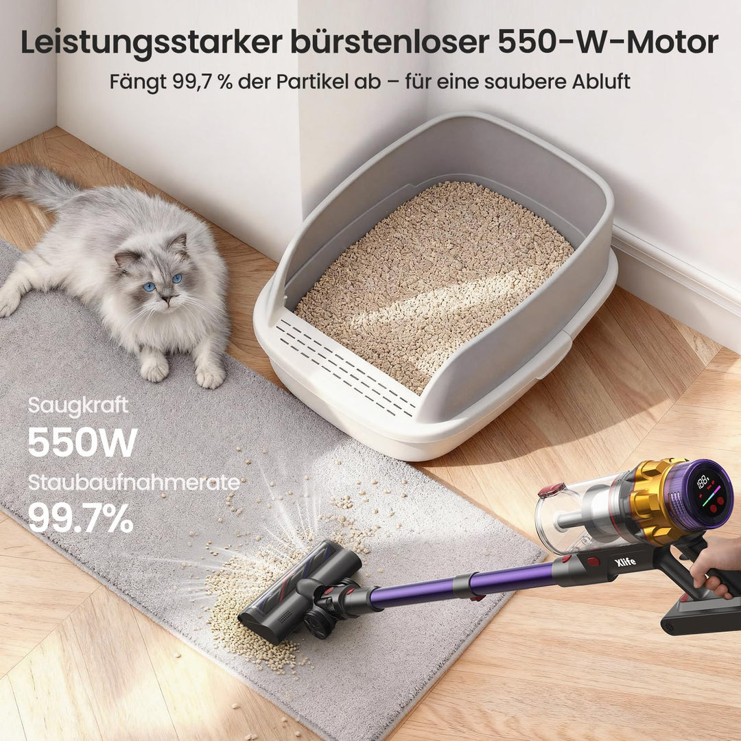 Xlife Akku Staubsauger Kabellos 550W/48kPa/50Min, Anti-Tangle-Bürste für Tierhaare, HEPA-Filter, Gre