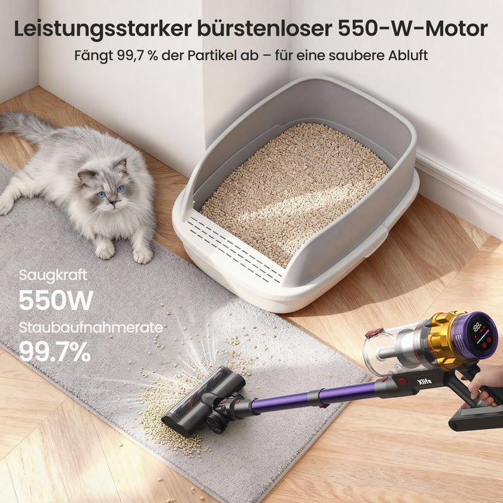 Xlife Akku Staubsauger Kabellos 550W/48kPa/50Min, Anti-Tangle-Bürste für Tierhaare, HEPA-Filter, Gre