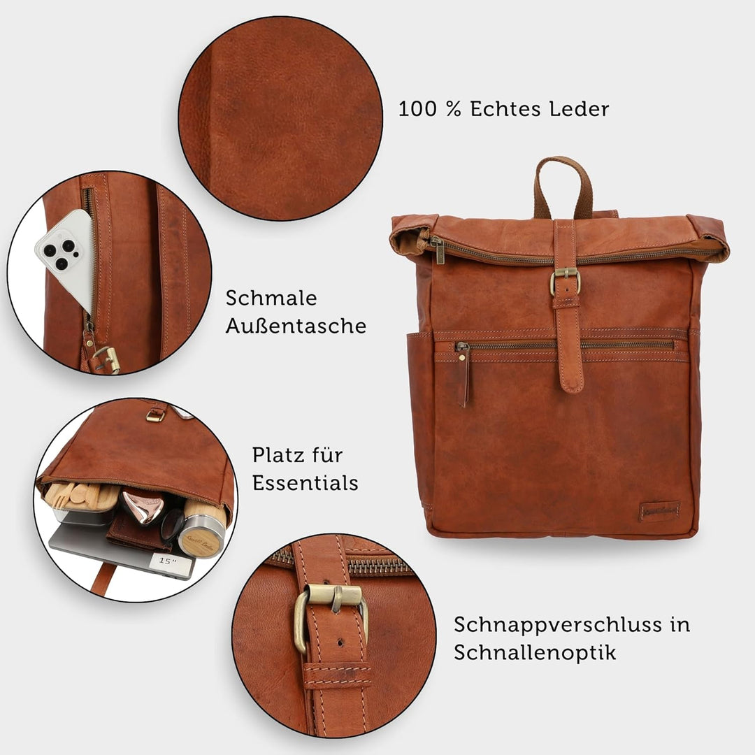 Gusti Leder Rucksack für Damen & Herren - Milo - Rolltop Rucksack Leder Damen & Herren, Lederrucksac