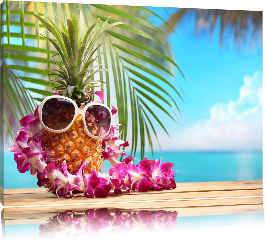 Ananas Urlaubsfeeling mit Sonnenbrille Format: 100x70 auf Leinwand, XXL riesige Bilder fertig gerahm