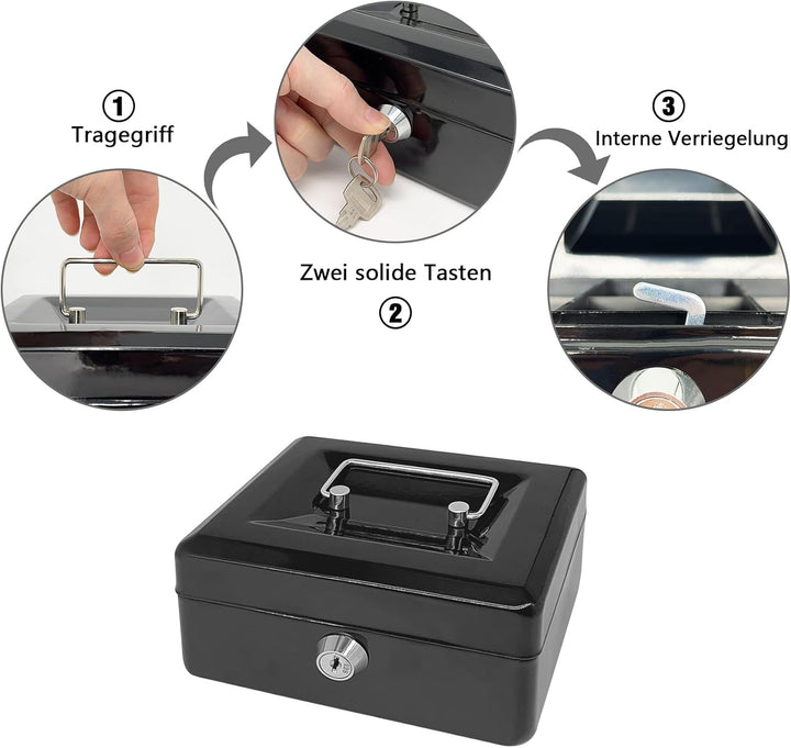 Stahlkassette mit Schlüsselschloss, Metall-Geldkassette mit Geldfach, Geldaufbewahrungsbox mit absch