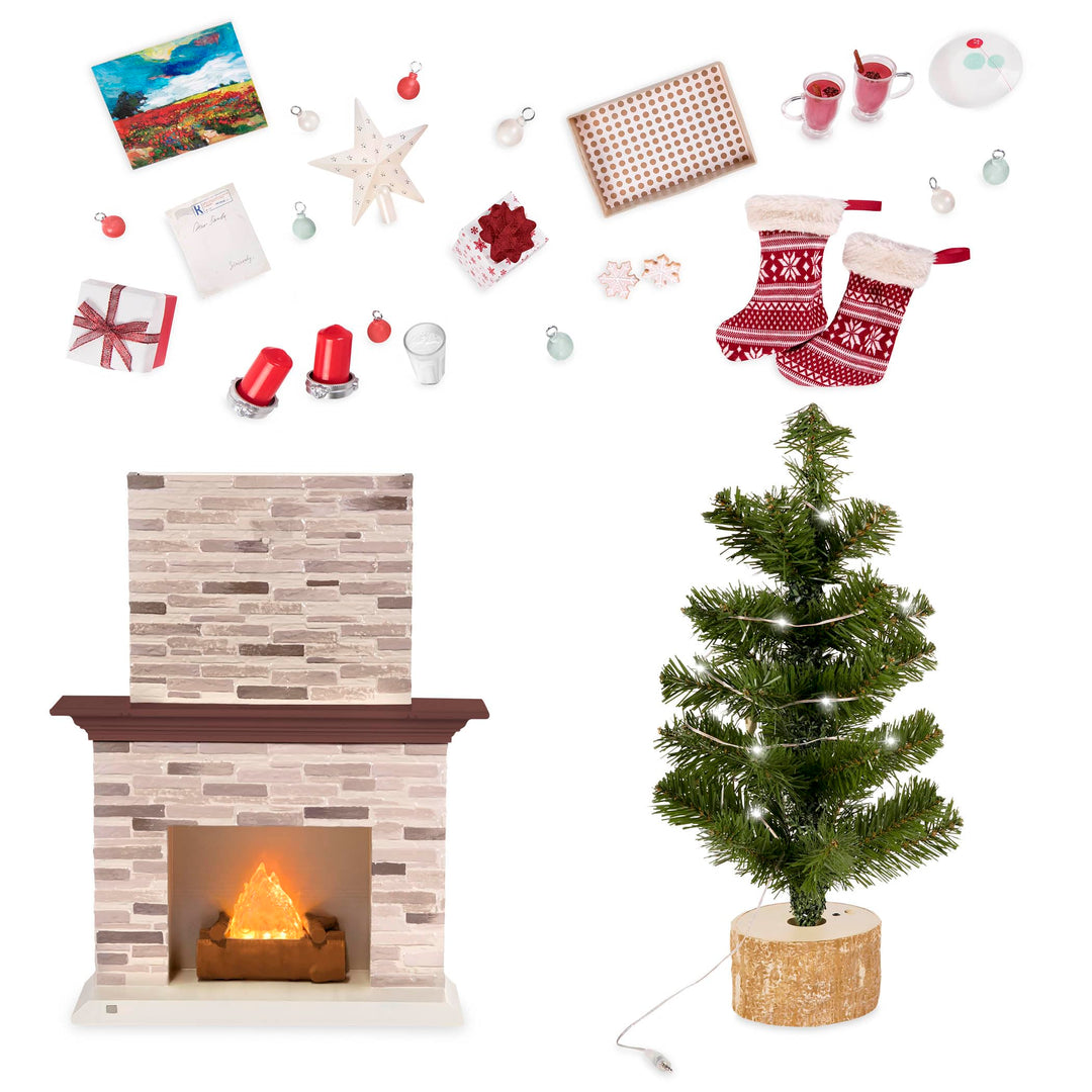 Our Generation Puppenzubehör – Puppenhaus Zubehör Weihnachten mit Weihnachtsbaum, Geschenke, Deko –
