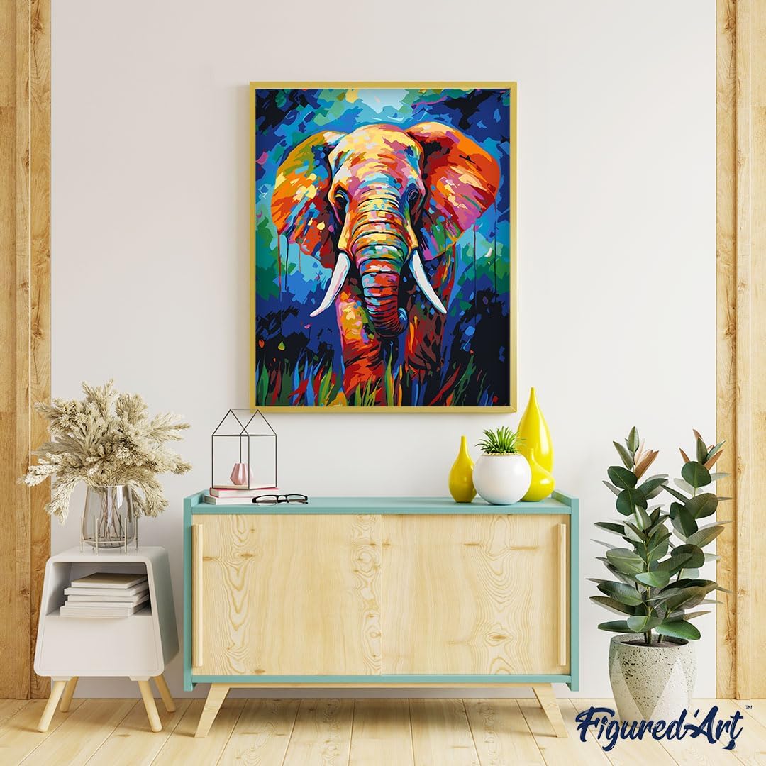Figured'Art Malen Nach Zahlen Erwachsene Elefant Farbenfroh Abstrakt - Paint by Numbers Basteln DIY