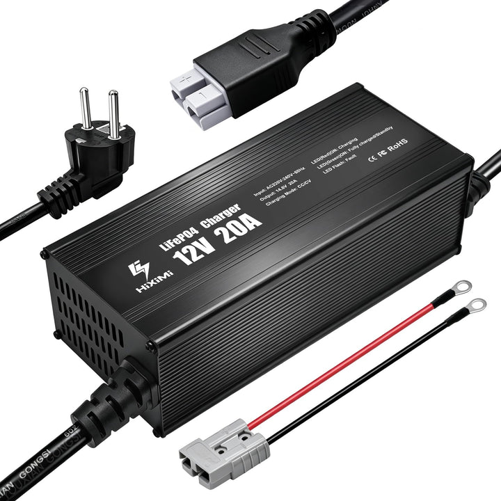 12V 20A LiFePO4-Ladegerät, 14,6V Lithium-Eisen-Phosphat-Ladegerät, Aluminiumgehäuse mit 50A Anderson