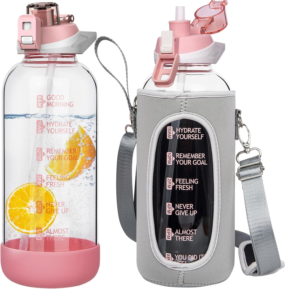 Seekua 2l Sport Trinkflasche Glas Flasche mit Strohhalm & Zeitmarkierung auslaufsicher bpa frei 2 li