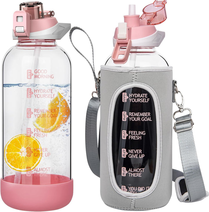 Seekua 2l Sport Trinkflasche Glas Flasche mit Strohhalm & Zeitmarkierung auslaufsicher bpa frei 2 li