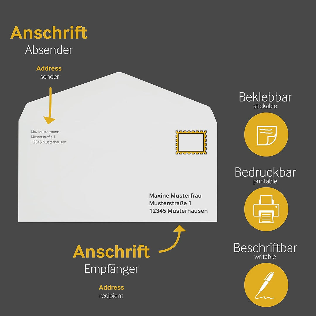 Blanke Briefhüllen, Transparente Briefumschläge, 100 Stück, Nassklebung, Ohne Fenster, Spitze Klappe