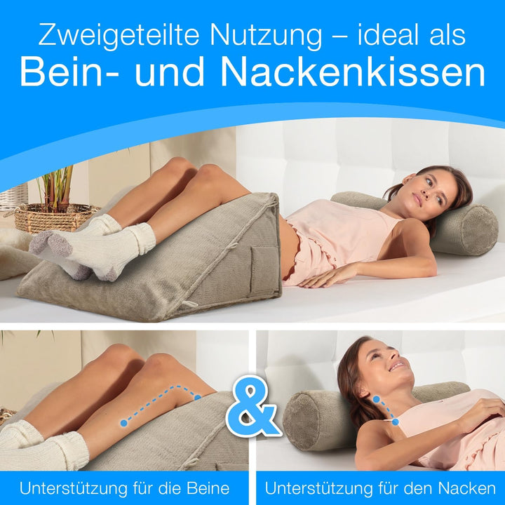 Rückenkissen Bett/Sofa mit Abnehmbarer Nackenrolle und Seitentasche, Rückenstützkissen mit Nackenkis