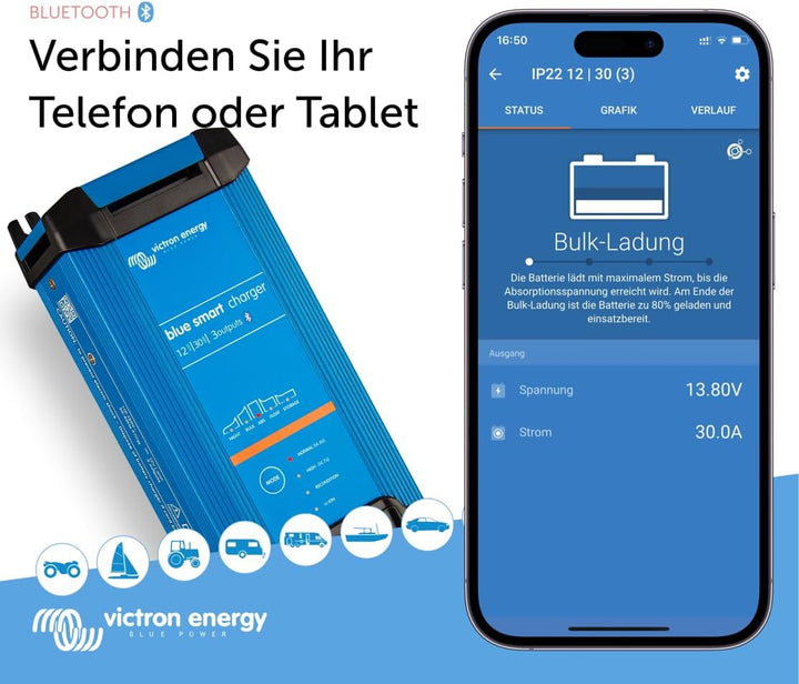 Victron Energy Blue Smart IP22 12-Volt 30 Ampere 230V, 3 Ausgang Ladegerät CEE 7/7, Bluetooth