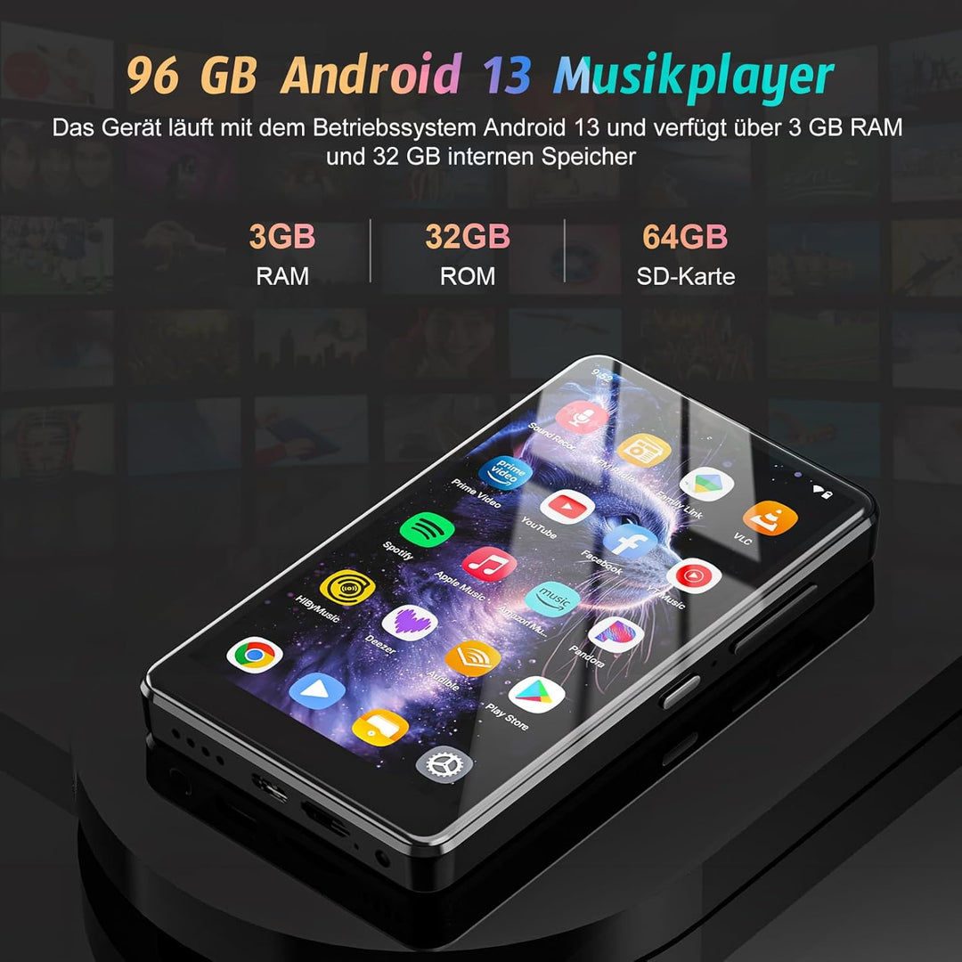 96 GB MP3 Player mit Android 13 OS, 5 Zoll MP3 Player mit Bluetooth und WiFi, 1080P HD MP4 Player, M