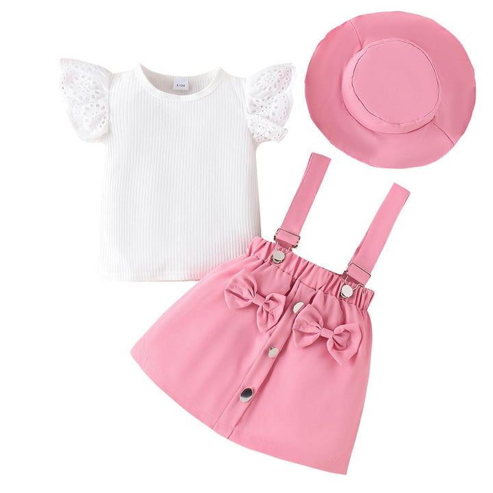 Kleinkind Baby Mädchen Rüschen Hosenschlitz Kurzarm Geripptes Oberteil + Schleife Strapsrock Overall