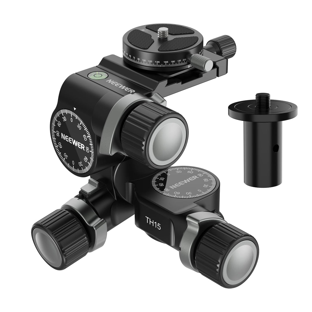 NEEWER TH15 3-Wege-Getriebe-Stativkopf mit 360°-Panorama-Arca-QR-Platte, Millimeter-Mikroeinstellung