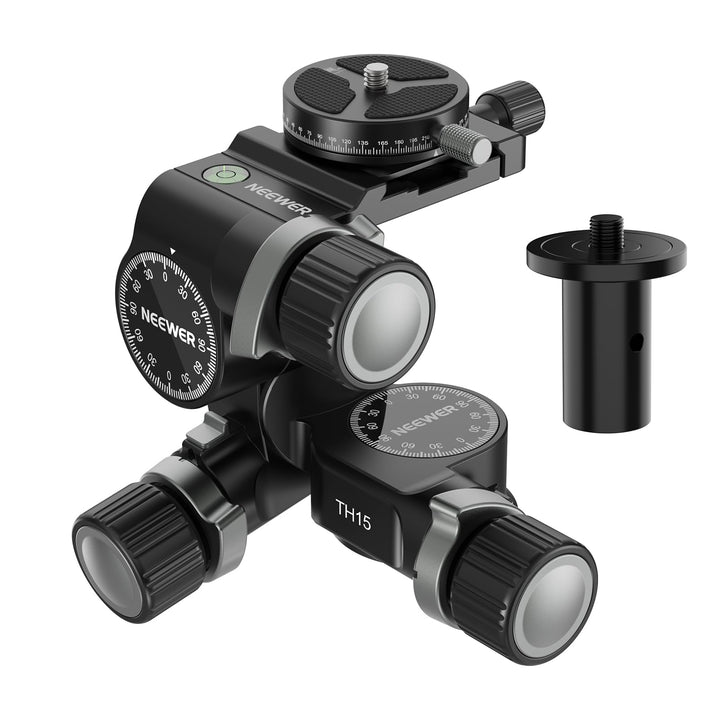 NEEWER TH15 3-Wege-Getriebe-Stativkopf mit 360°-Panorama-Arca-QR-Platte, Millimeter-Mikroeinstellung