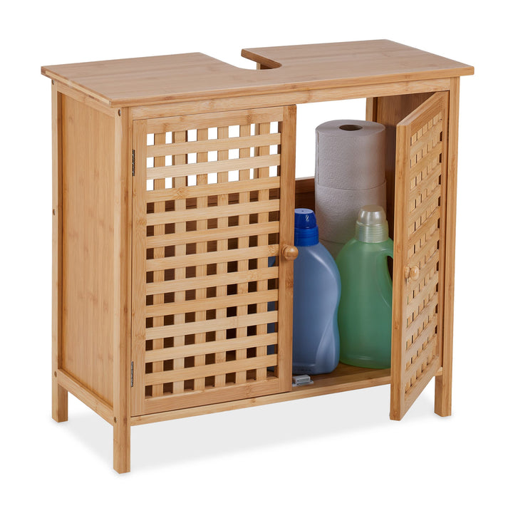 Relaxdays Waschbeckenunterschrank, HxBxT: 61 x 66 x 30 cm, 1 Fach, Bambus &amp; MDF, Badunterschrank Was