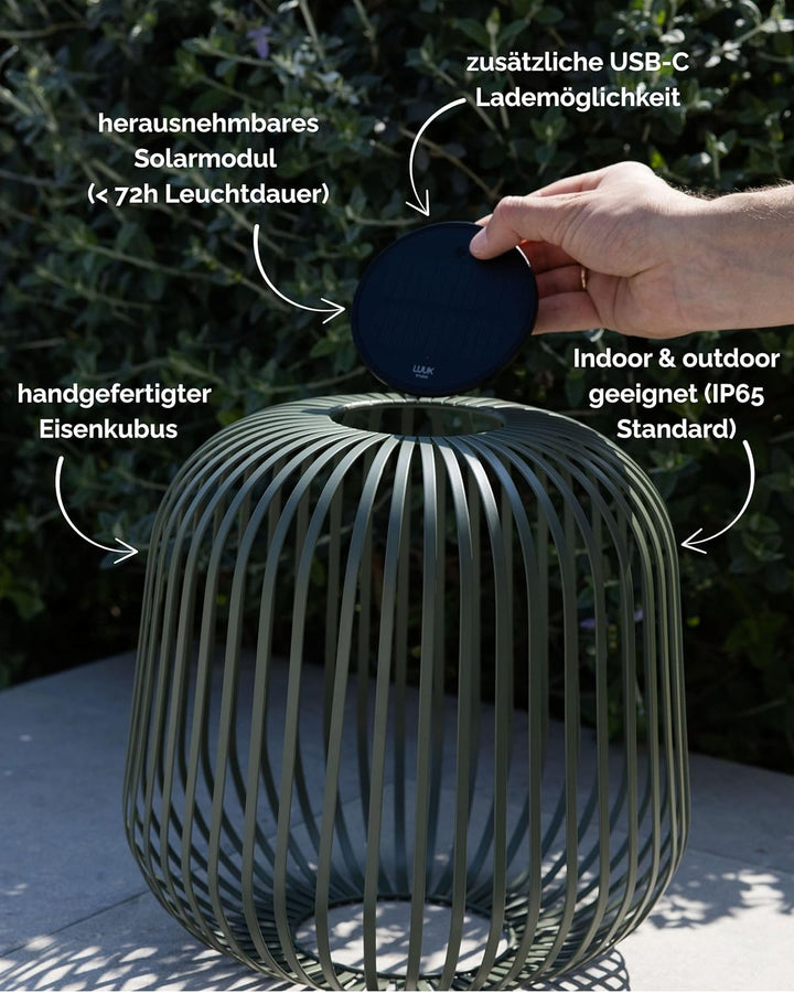 LUUK Studio Schlichte Solarlampe mit USB-C Backup für Garten und Terrasse, kabellose LED Balkonleuch