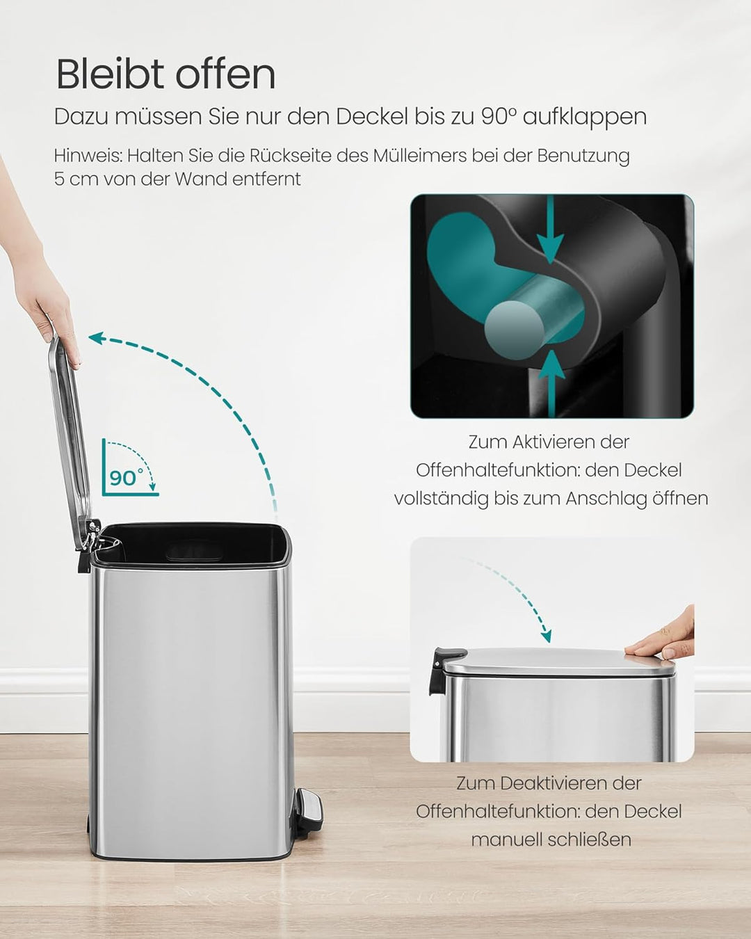 SONGMICS Mülleimer Küche, 20 Liter Abfalleimer, Tretmülleimer, Stahl, mit Inneneimer, Softclose, Off
