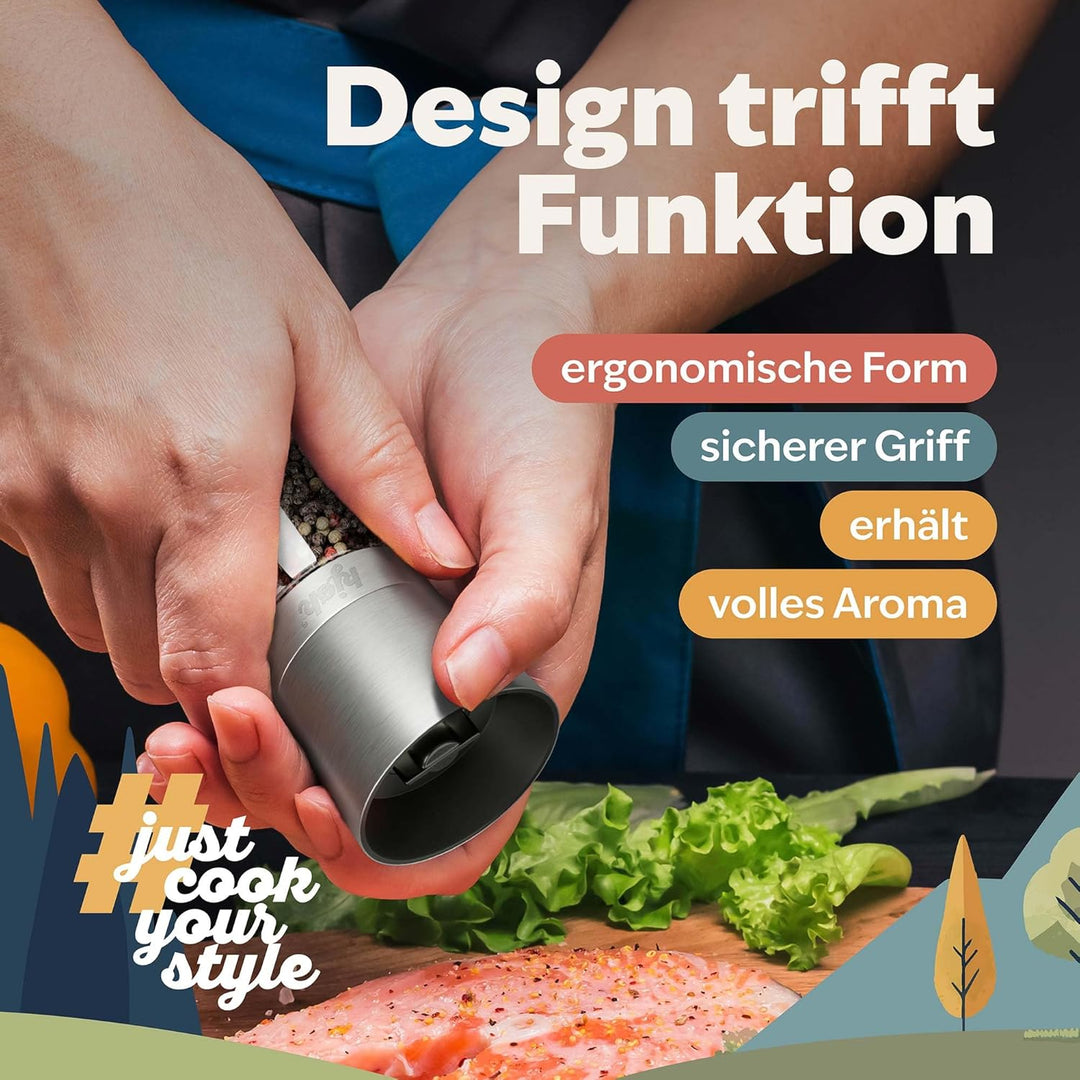 kjøk Premium Salz- und Pfeffermühle 2er-Set aus Edelstahl &amp; Glas – verstellbares Keramikmahlwerk fei