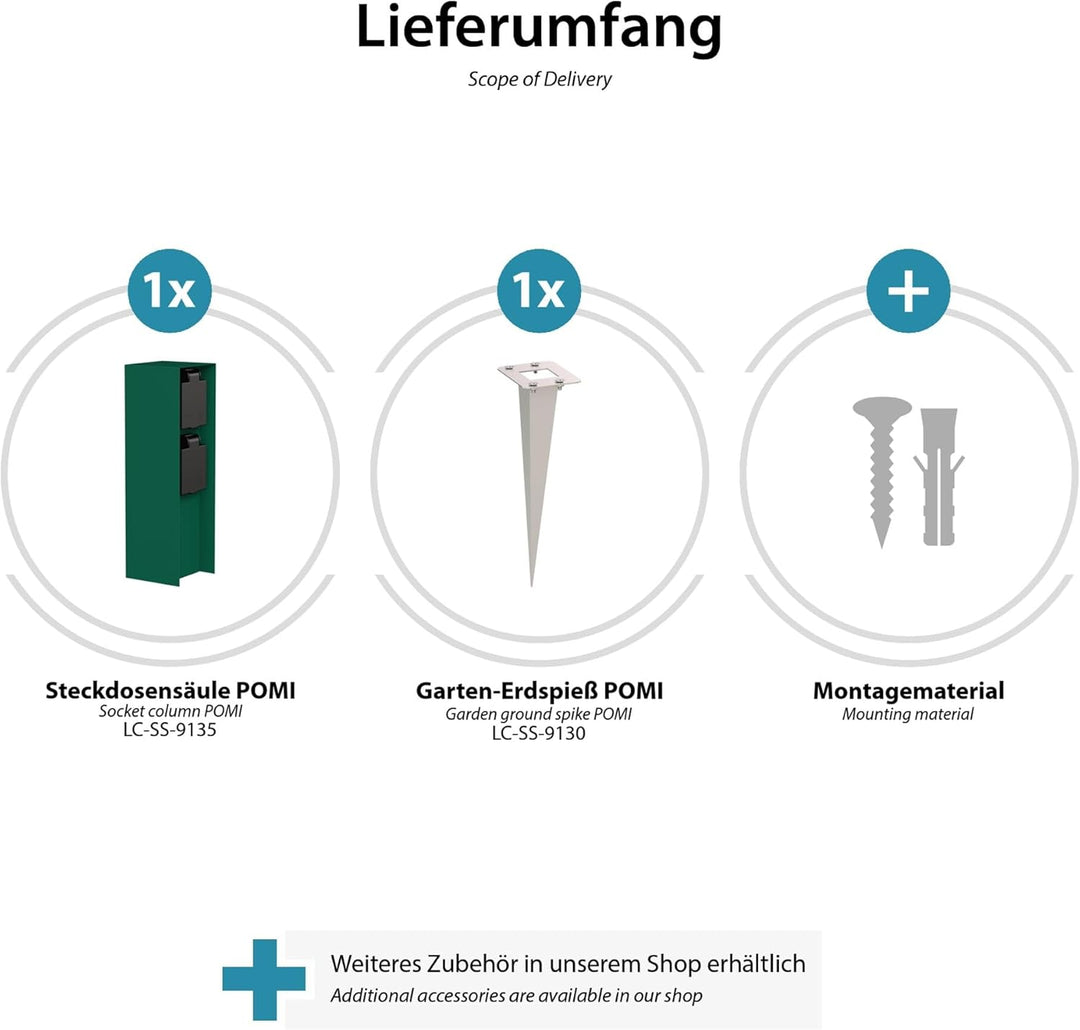 ledscom.de 3 Stück Garten-Steckdosen-Säule POMI mit Erdspiess für aussen, IP44, 2-Fach, grün, eckig,