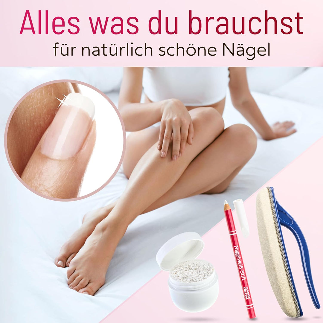 Nail Polish Set – Nagelpflege-Set mit Glanzpuder (50 g), Textil-Polierer & Nagelweissstift – Für nat