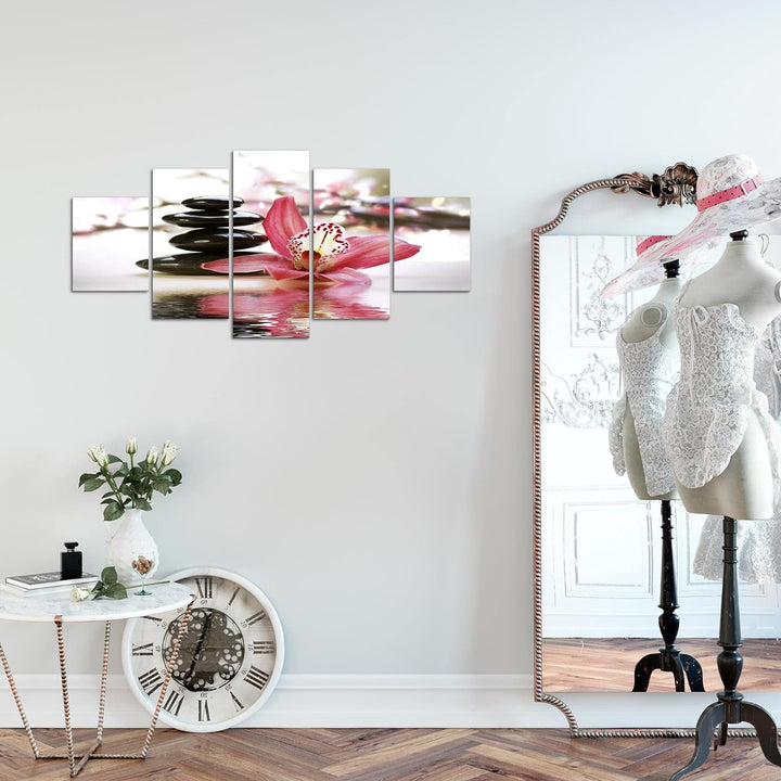 Runa Art Wandbilder Blumen Orchidee 5 Teilig Bild auf Vlies Leinwand Deko Wohnzimmer Steine Rosa Gra