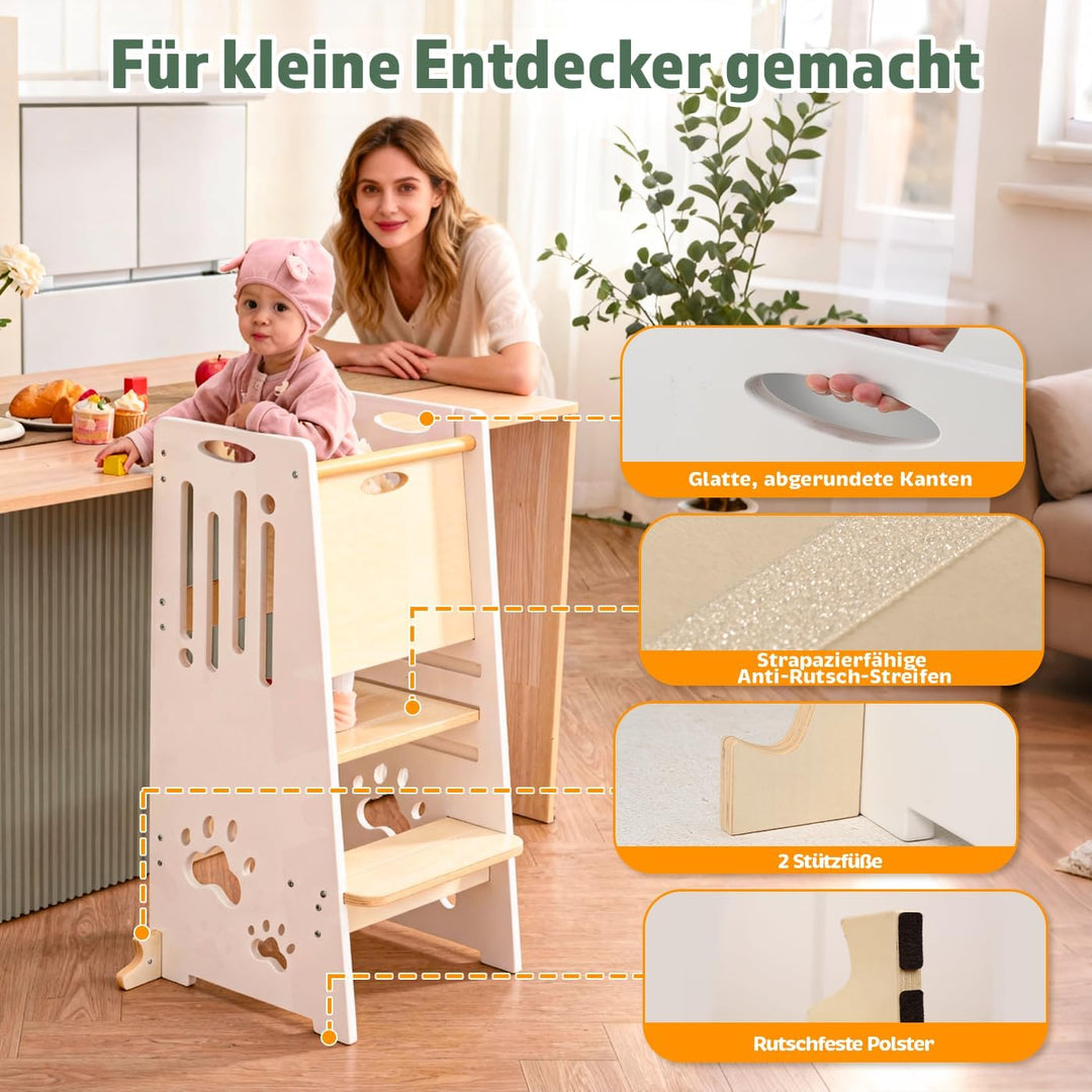 Kleinkind Tritthocker Kinderhocker, Höhenverstellbar (Weiss) | Sicher & Stabiler Toddler Tower & Ler