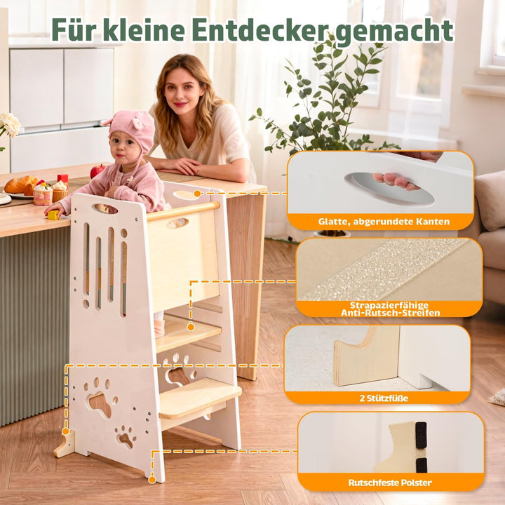 Kleinkind Tritthocker Kinderhocker, Höhenverstellbar (Weiss) | Sicher & Stabiler Toddler Tower & Ler