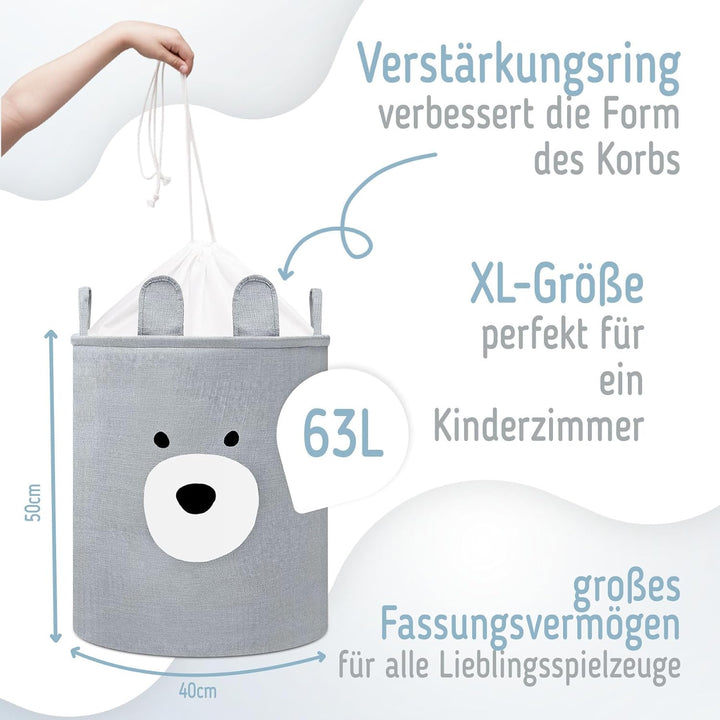 SIPO Spielzeugkorb Premium, XXL 63L, Bear, Faltbarer Spielzeug Organizer mit Kordelzug, Wasserdicht,